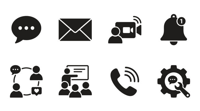 Digital communication vector illustration with messaging, email, video calls, notifications, social media engagement, group chat, voice calls, broadcasting icons, modern interaction design elements, i