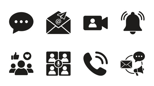 Digital communication vector illustration with messaging, email, video calls, notifications, social media engagement, group chat, voice calls, broadcasting icons, modern interaction design elements, i