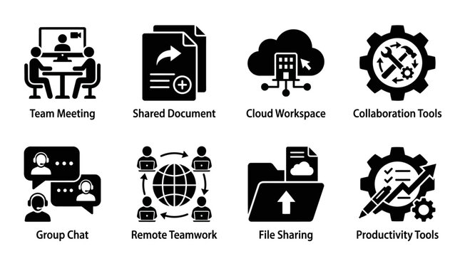 Digital teamwork collaboration vector illustration with team meeting, shared document, cloud workspace, collaboration tools, group chat, remote teamwork, file sharing, productivity tools icons, isolat