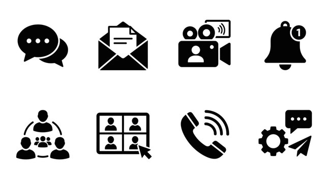 Digital communication vector illustration with messaging, email, video calls, notifications, social media engagement, group chat, voice calls, broadcasting icons, modern interaction design elements, i
