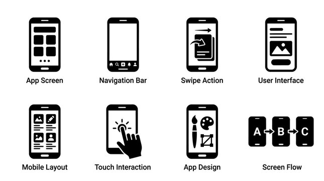 Mobile app development vector illustration with UI screens, navigation bar, swipe action, mobile layout, touch interaction, app design, screen flow icons, user interface elements, isolated graphic art
