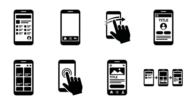 Mobile app development vector illustration with UI screens, navigation bar, swipe action, mobile layout, touch interaction, app design, screen flow icons, user interface elements, isolated graphic art