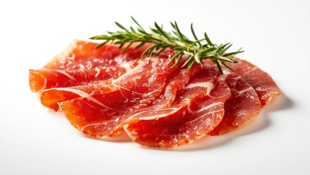 Rosemary-infused jamon slices on a light backdrop.