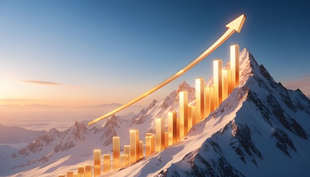 Golden financial growth bar chart climbing a high snow mountain peak. Successful corporate stock market investment target. Ascending arrow guiding profit trends toward the summit