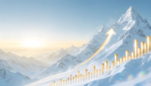 Rising golden progress bars stretching over a snowy winter mountain range. Long term strategic wealth planning objectives. Bright arrow leading economic development past snowy valleys