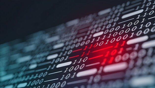 Numeric binary string paths containing a warning red error signal code. Network security diagnosis protocol system. Angled digital screen analyzing computer malware system bugs