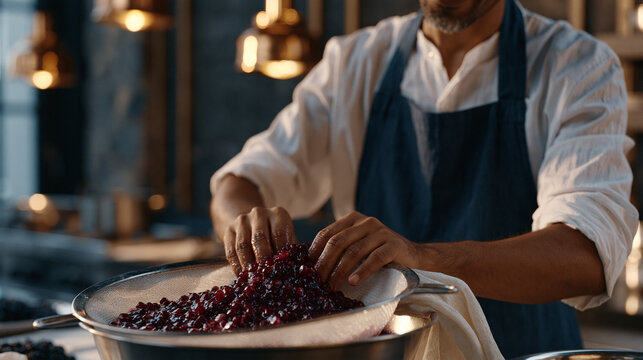 Ethiopian cook slowly pressing pomegranate seeds and dark berries through a fine mesh strainer, extracting polyphenol-rich juice for a functional wellness drink in a professional