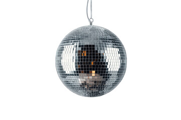 Fototapeta premium Disco ball hanging, reflecting lights, creating a party atmosphere, celebrating retro dance music event on transparent background