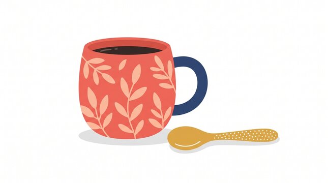 Leaf Pattern Coffee Mug and Spoon Illustration