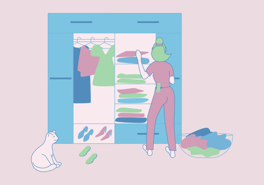 Digital Detox and Wardrobe Decluttering, Young Woman Sorting Clothes with Cat 