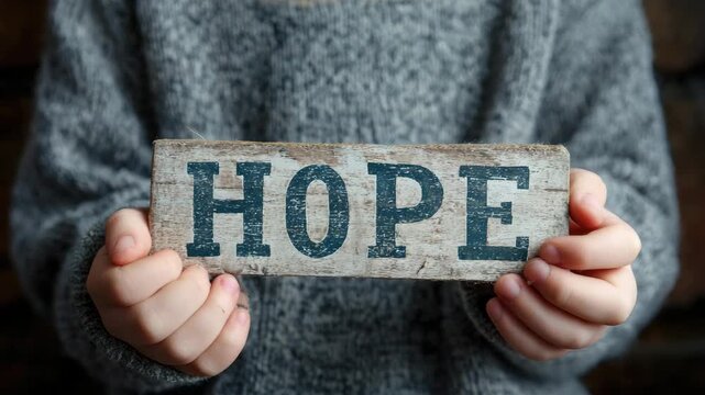 childs hands holding paper hope sign animation