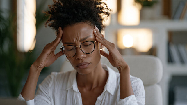 Nigerian remote worker slumping wearily in a ergonomic chair during a long video call, multiple application windows open, rubbing their temples with both hands, conveying the