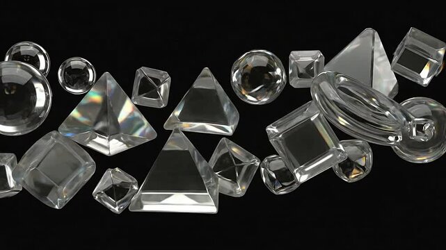 Abstract collection of transparent geometric glass shapes floating on a black background