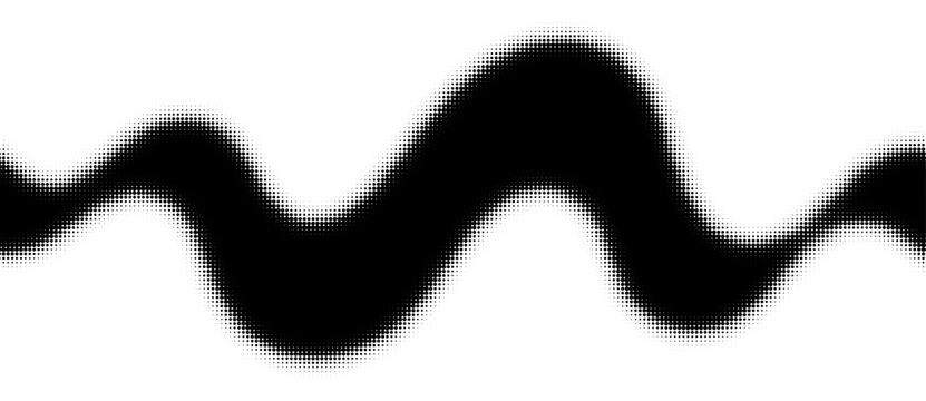 Abstract halftone wave, dotted background. Dynamic monochrome wavy line with dynamic dotted gradient texture. Retro pop art optical illusion on white background. Minimal halftone pattern. Vector
