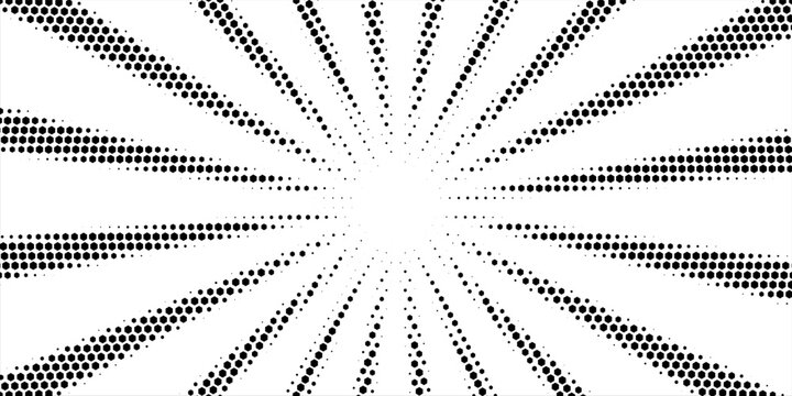 High-contrast black and white halftone sunburst with radial rays creating a vintage comic book style background; bold graphic texture ideal for posters, flyers, web headers, and pop-art designs.
