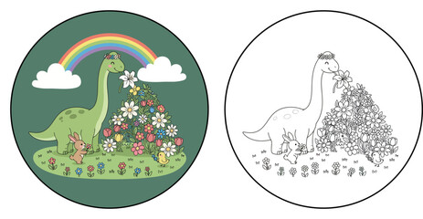 Cute Brontosaurus, Bunny, and Chick with Flowers and Rainbow - Whimsical Springtime Scene © MstSangita