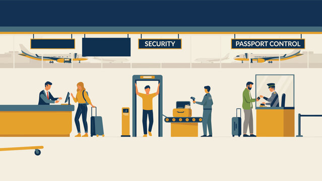 Airport security and passport control checkpoint with passengers and security officers in modern terminal