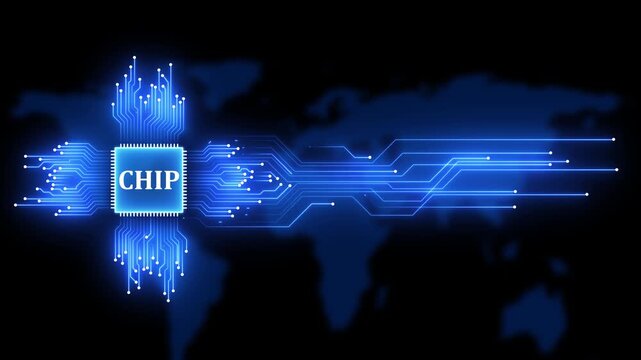 Digital microchip processor with glowing circuitry lines and global network background, for technology concepts