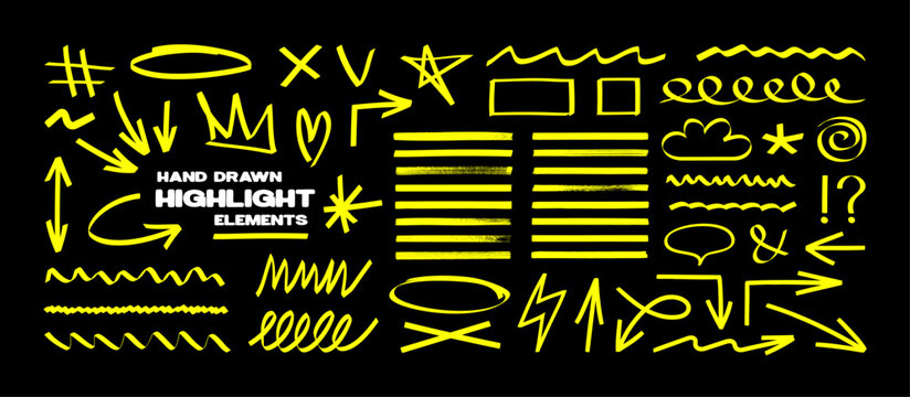 Marker highlighters - underline strokes, marker lines, notes, arrows, brush strokes, stars, waves, circles and other. Felt-tip pen highlights. Handwritten notes for text or on a school board. Vector
