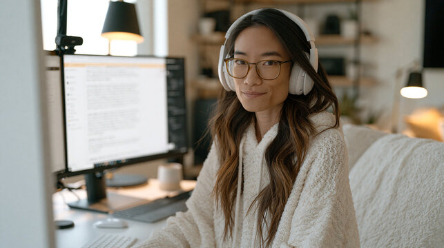 Filipino async communications trainer facilitating a recorded instructional walkthrough on a dual-monitor setup, a teleprompter script visible, capturing the professionalization