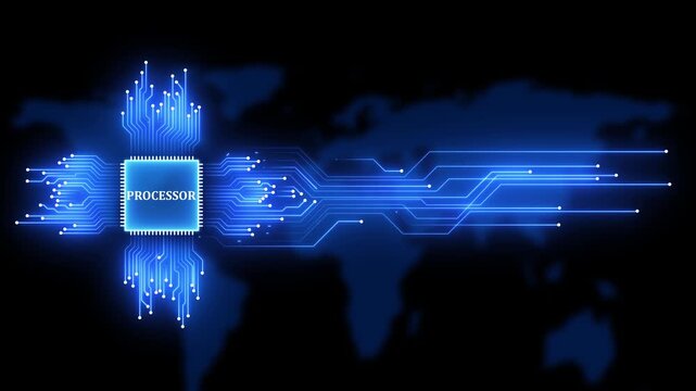 Digital cpu processor chip with glowing circuitry lines and global network background, for high-tech computing, and data technology concepts