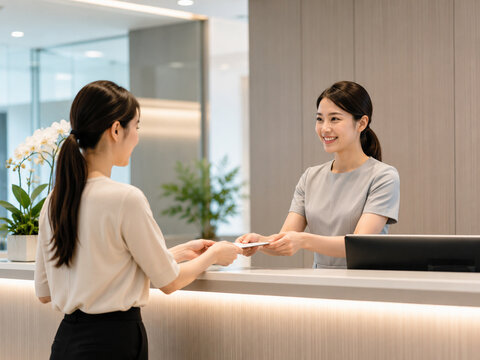 Smiling Receptionist Handing Key Card to Female Guest at Modern Hotel Counter