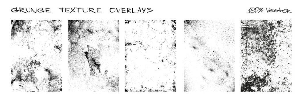 Black Overlay texture borders. Monochrome grunge frames with distressed, cracks, noise, rough paint scratches and concrete wall effects for background. Overlay stamps frames. Vector grainy borders