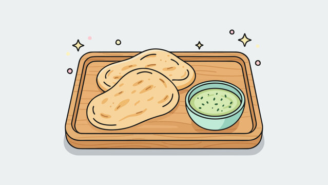 Appetizing vector illustration of naan bread with dipping sauce on a tray food isolated on clean background with flat design and vibrant. Suitable for menus and culinary design content.
