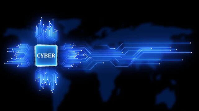 Cyber security digital processor chip with glowing circuit board lines and global network map background