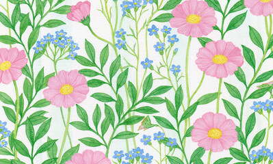 Obraz premium Delicate vines and small flower stripe pattern, soft watercolor illustration Background is white