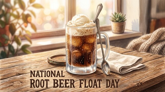 National Root Beer Float Day Rustic Still Life Illustration with Vanilla Ice Cream and Chilled Soda Glass 