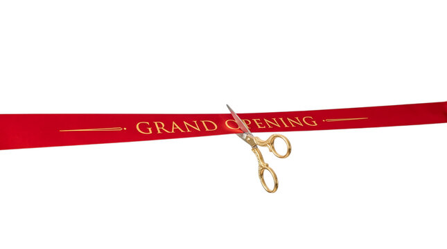 Golden Scissors Cutting Red Ribbon Isolated on Transparent Background
