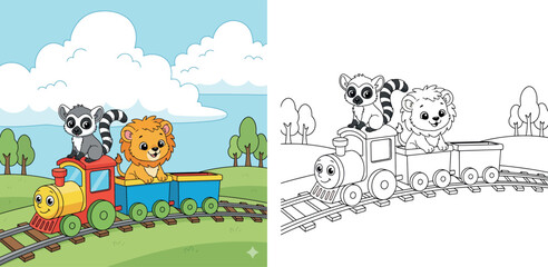 Cute Cartoon Lion and Lemur Riding a Toy Train Through a Meadow © MstSangita