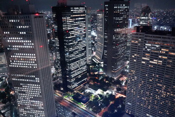 東京・新宿の夜景。高層ビル群がライトアップされ、無数の窓明かりが輝く大都市の賑やかな夜の風景。現代的な都市の活気と美しさ。 © BRUCE
