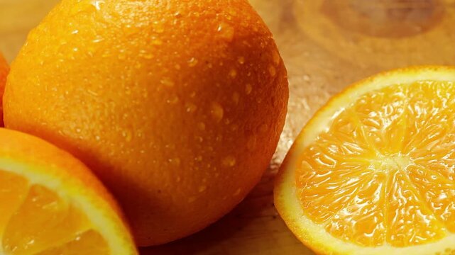 Ripe orange with water droplets and a citrus slice, highlighting texture, freshness, and juiciness
