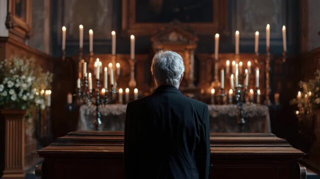 senior man stands in front of a coffin at a funeral in the church decorated with candles animation