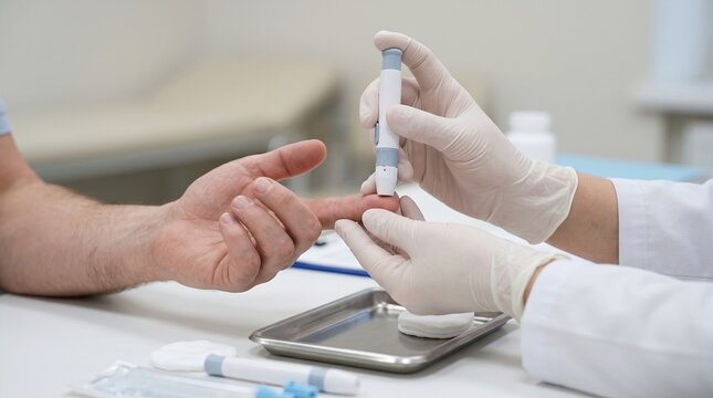 Professional doctor using a medical lancet device to prick a patient finger for blood testing