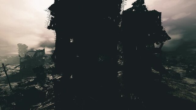 wandering figure moves past towering ruin, vertical scale emphasized, gritty foreground, foggy sunlight, questing posture, subtle narrative energy