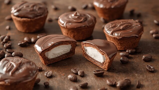 Several chocolate Choco pies on a wooden surface with scattered coffee beans.