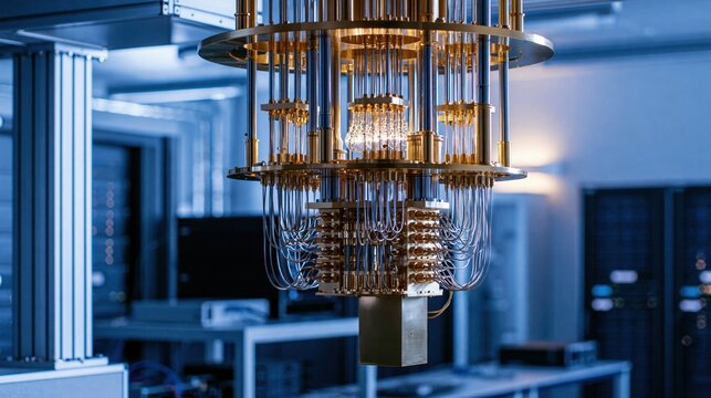 A close-up of a quantum computer's intricate, gold-plated dilution refrigerator, showcasing its complex wiring and cryogenic components in a lab environment.