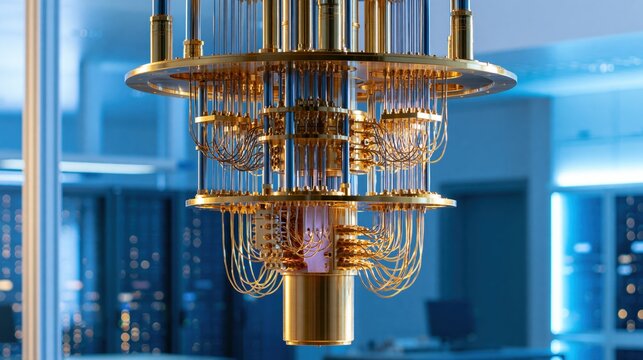A close-up of a quantum computer's intricate gold wiring and components housed in a high-tech lab environment.