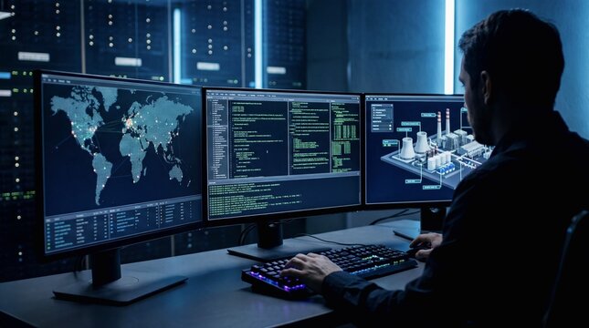 Man programmer working on computer screen with global data map and digital infrastructure model. Cyber security analyst monitoring network traffic and server system in control room.