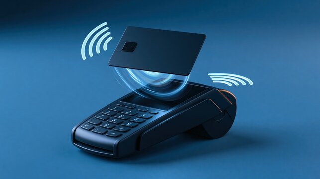 A payment card is wirelessly transmitting data to a card reader terminal, symbolizing contactless payment technology.