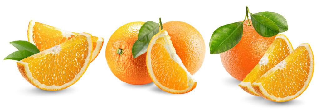 Trio of fresh orange fruit slices and whole oranges isolated on a white background