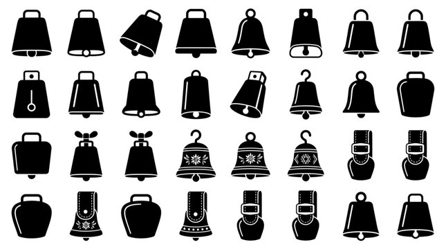 A collection of various bell icons and silhouettes in black and white.