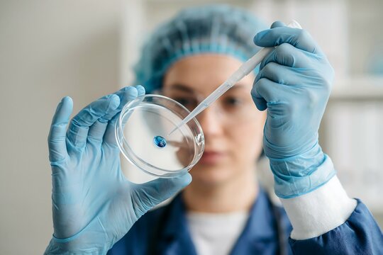 Female scientist in lab coat and gloves examining a petri dish with a pipette in a laboratory setting.