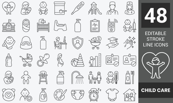 Child care web icons in line style editable stroke. Nurse, healthy eating, sleep, hygiene, crib, toys, infant, collection. Editable stroke. Vector illustration.