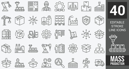 Mass Production web icons in line style. Robot, productive, workflow, industrial, automation, collection. Editable stroke. Vector illustration. © Zilkasun