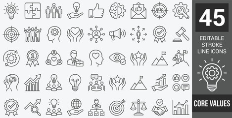Core Values web icon set in line style. Innovation, integrity, customers, accountability, teamwork, goals, motivation collection. Editable stroke. Vector illustration. © Zilkasun
