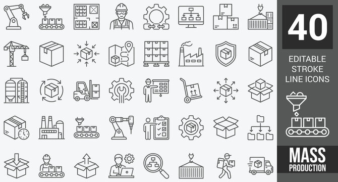 Mass Production web icons in line style. Robot, productive, workflow, industrial, automation, collection. Editable stroke. Vector illustration.